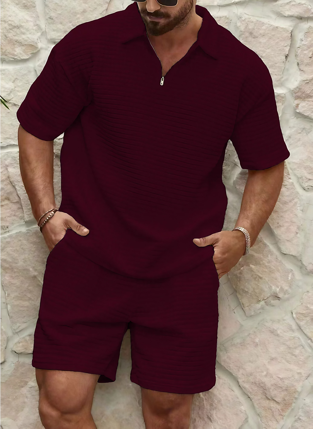 Ensemble polo et short homme, taille élastique, six coloris, bordeaux