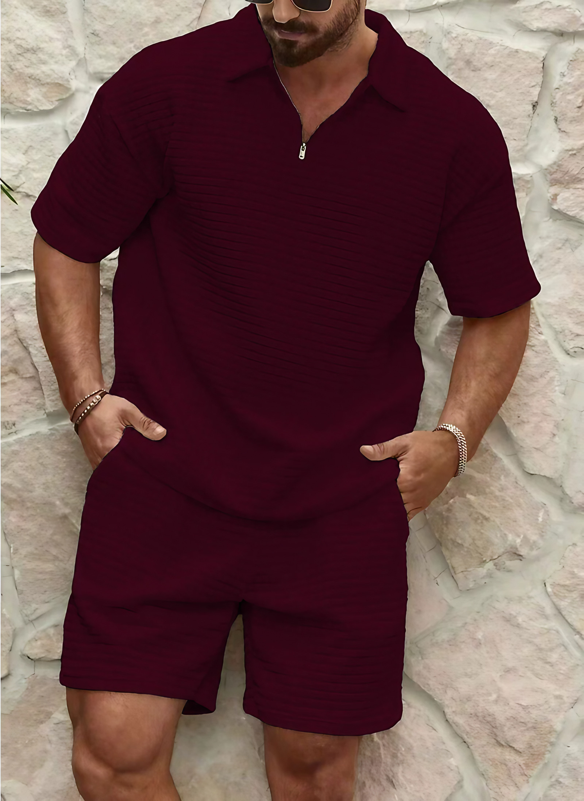 Ensemble polo et short homme, taille élastique, six coloris, bordeaux