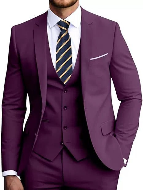 Costume trois pièces homme, veste, gilet et pantalon, six coloris, rouge vin