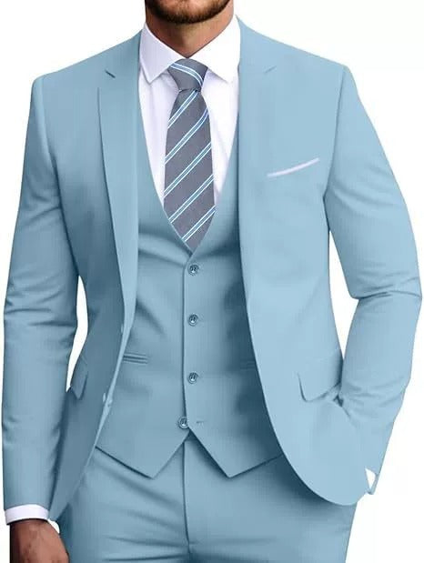 Costume trois pièces homme, veste, gilet et pantalon, six coloris, bleu clair