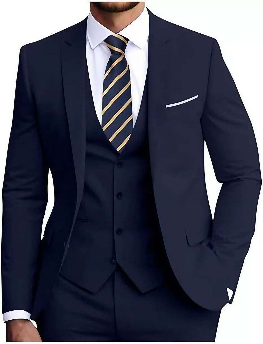 Costume trois pièces homme, veste, gilet et pantalon, six coloris, bleu marine