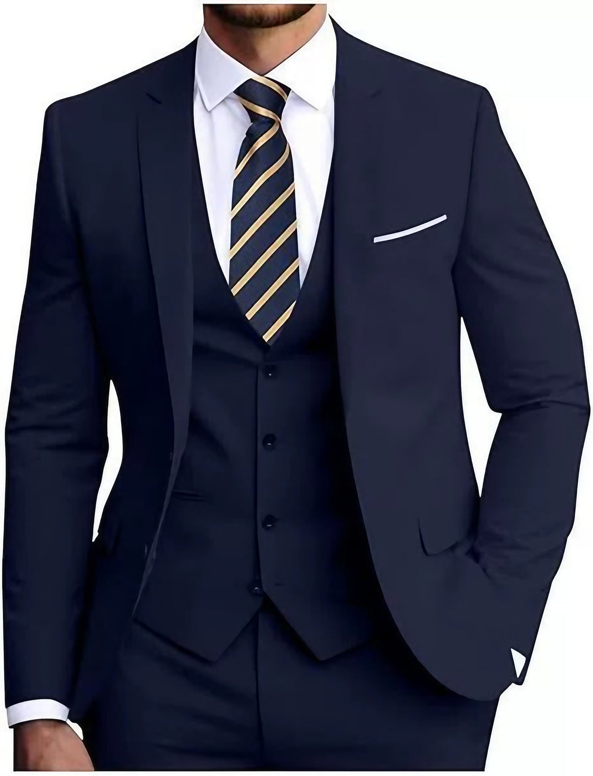 Costume trois pièces homme, veste, gilet et pantalon, six coloris, bleu marine