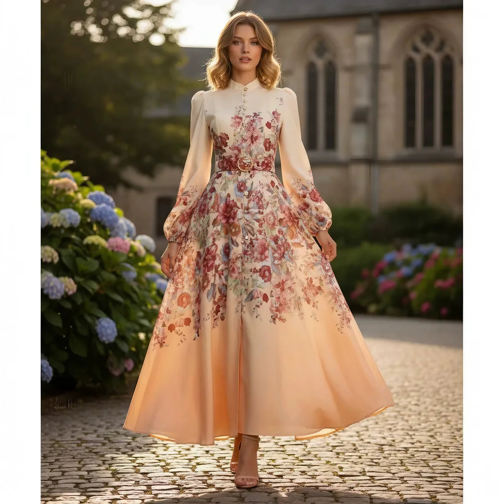 Robe midi fleurie à manches bouffantes et ceinture assortie, kaki