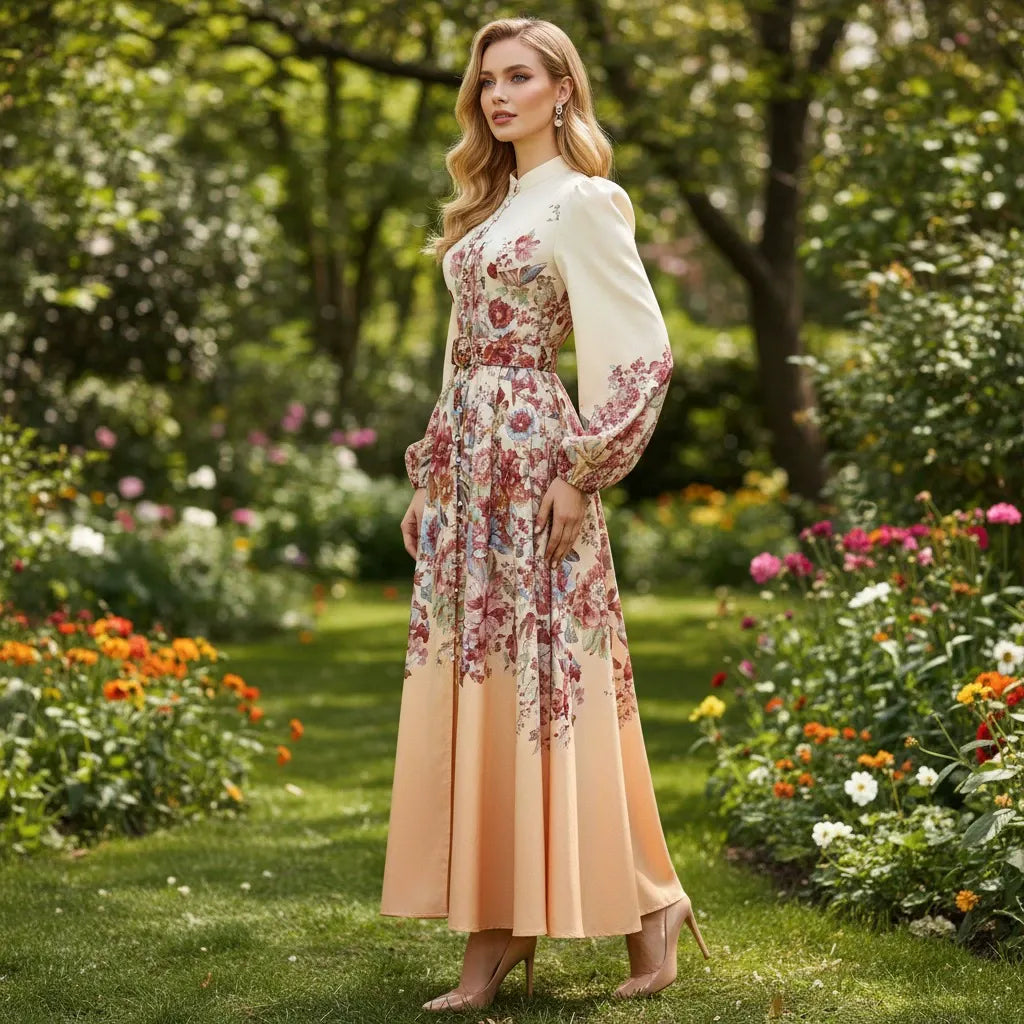 Robe midi fleurie à manches bouffantes et ceinture assortie
