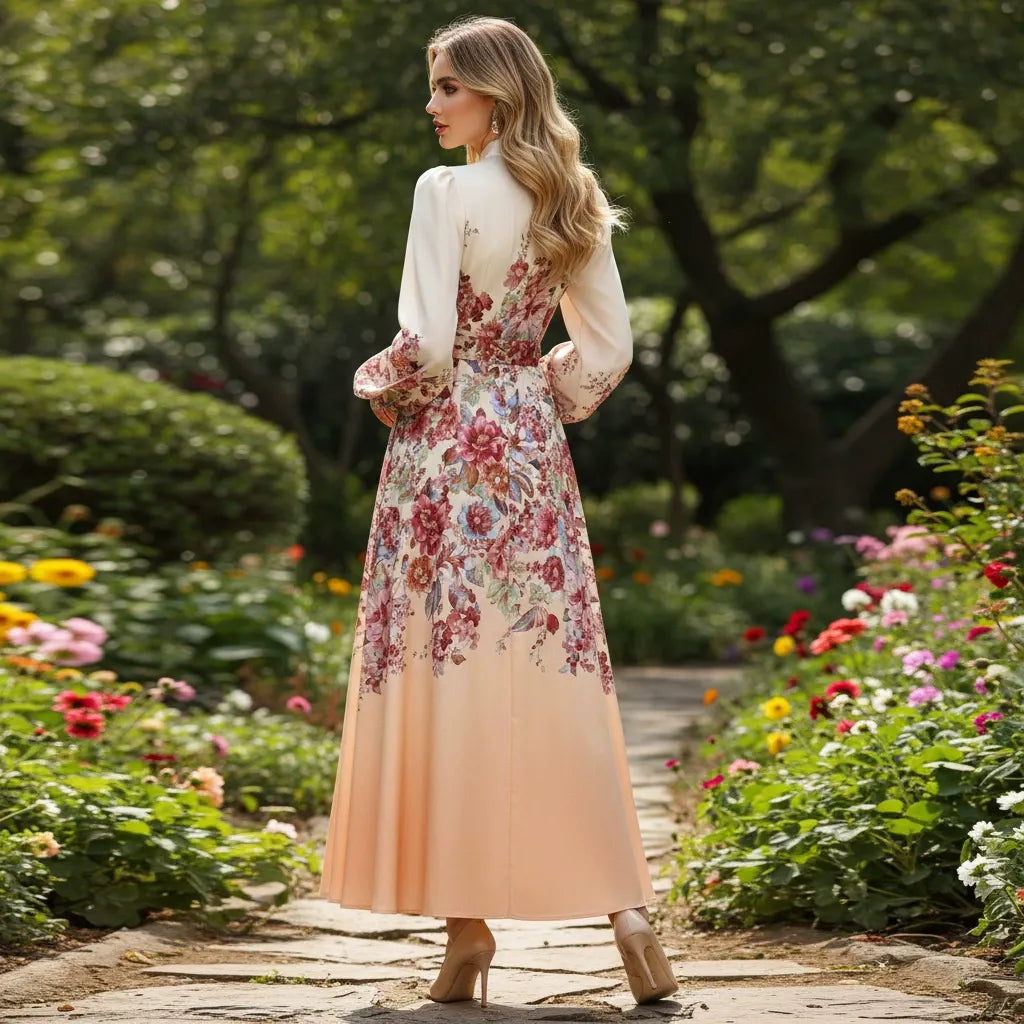Robe midi fleurie à manches bouffantes et ceinture assortie