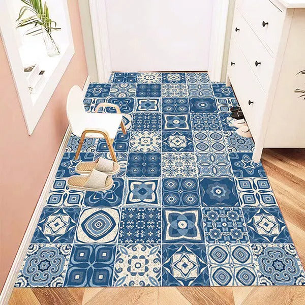 Tapis de cuisine motif zellige, antidérapant et lavable, bleu