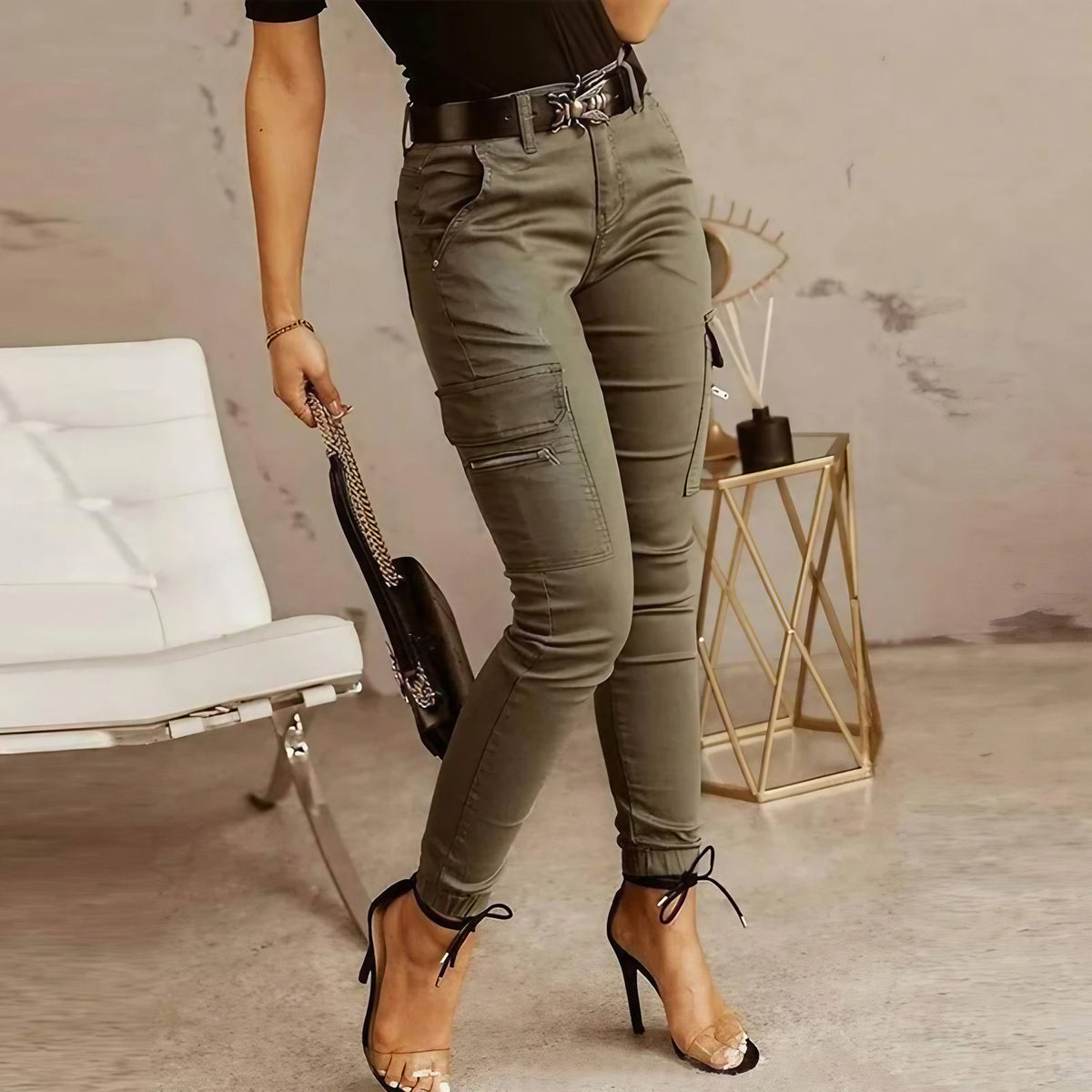 Jean cargo femme à poches, trois coloris, du S au 2XL, vert armée