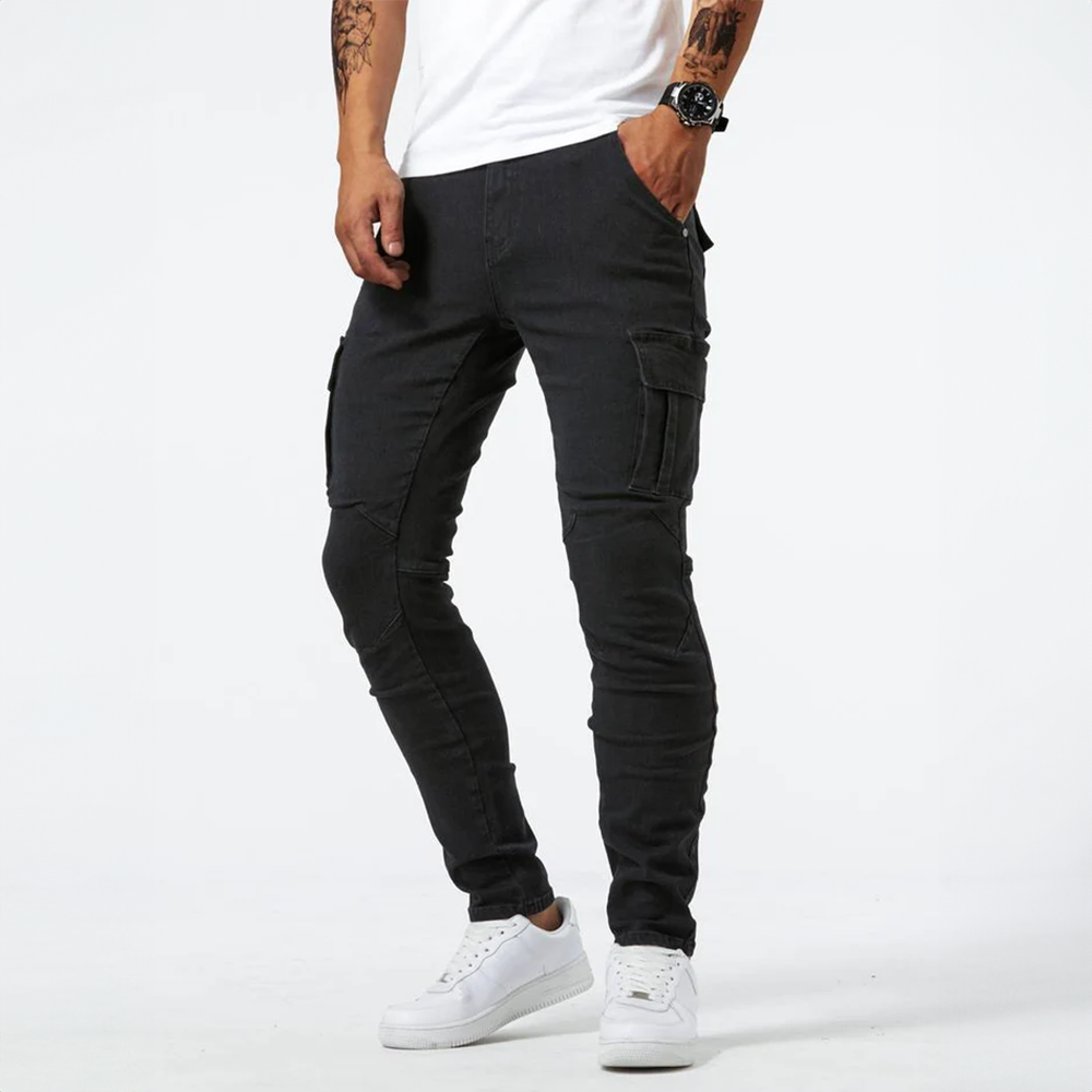 Jean cargo homme extensible, coupe ajustée, du S au 3XL, noir