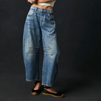 Jean droit femme taille mi-haute, coutures apparentes, bleu foncé