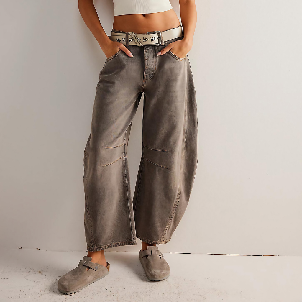 Jean droit femme taille mi-haute, coutures apparentes, gris