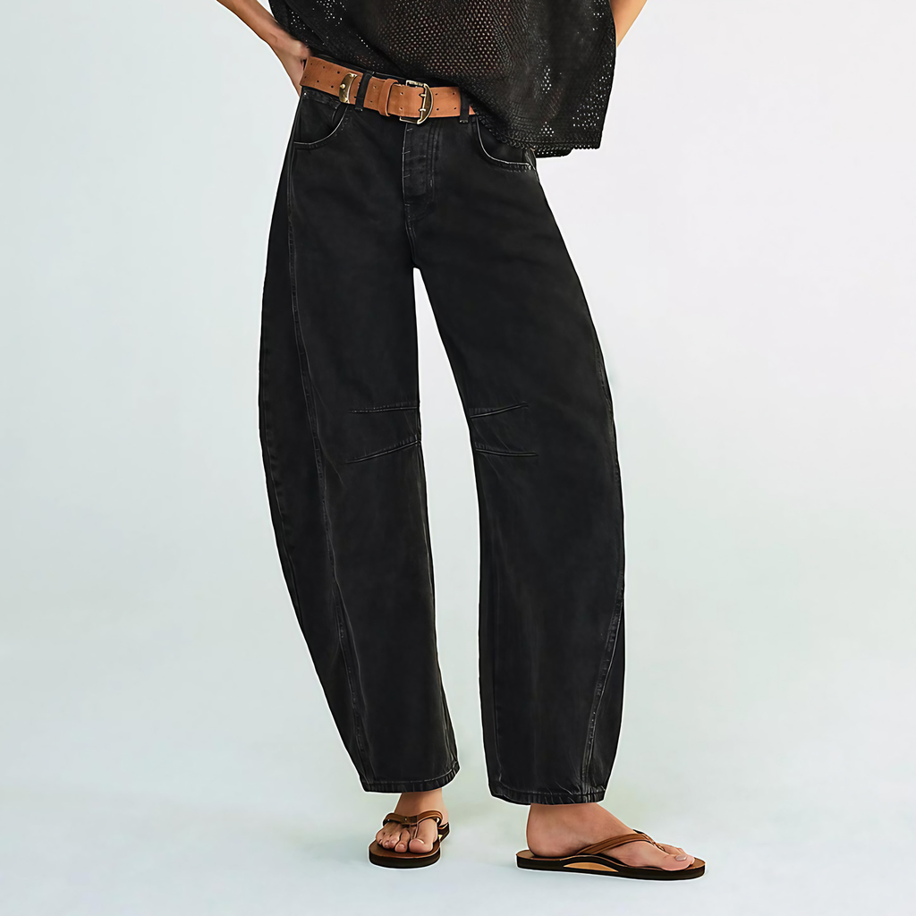 Jean droit femme taille mi-haute, coutures apparentes, noir
