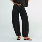 Jean droit femme taille mi-haute, coutures apparentes, noir