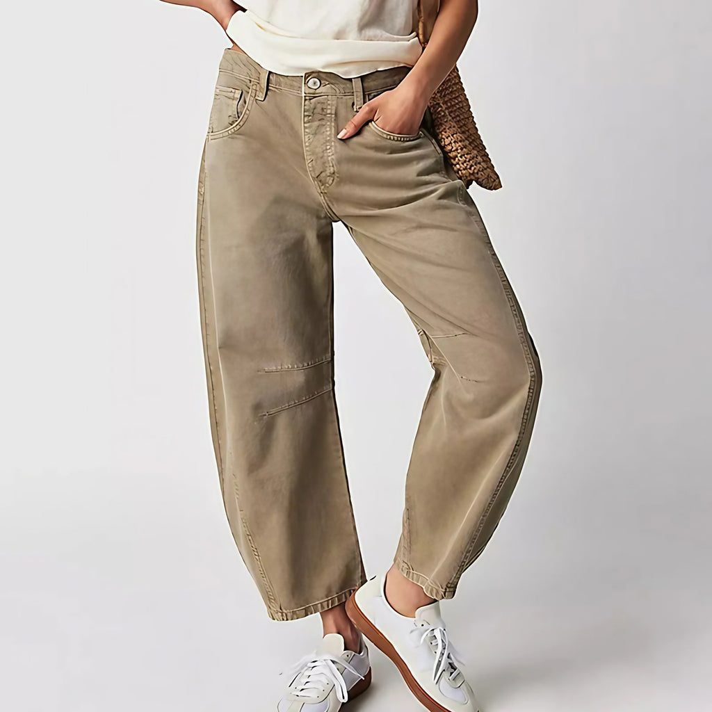 Jean droit femme taille mi-haute, coutures apparentes, kaki