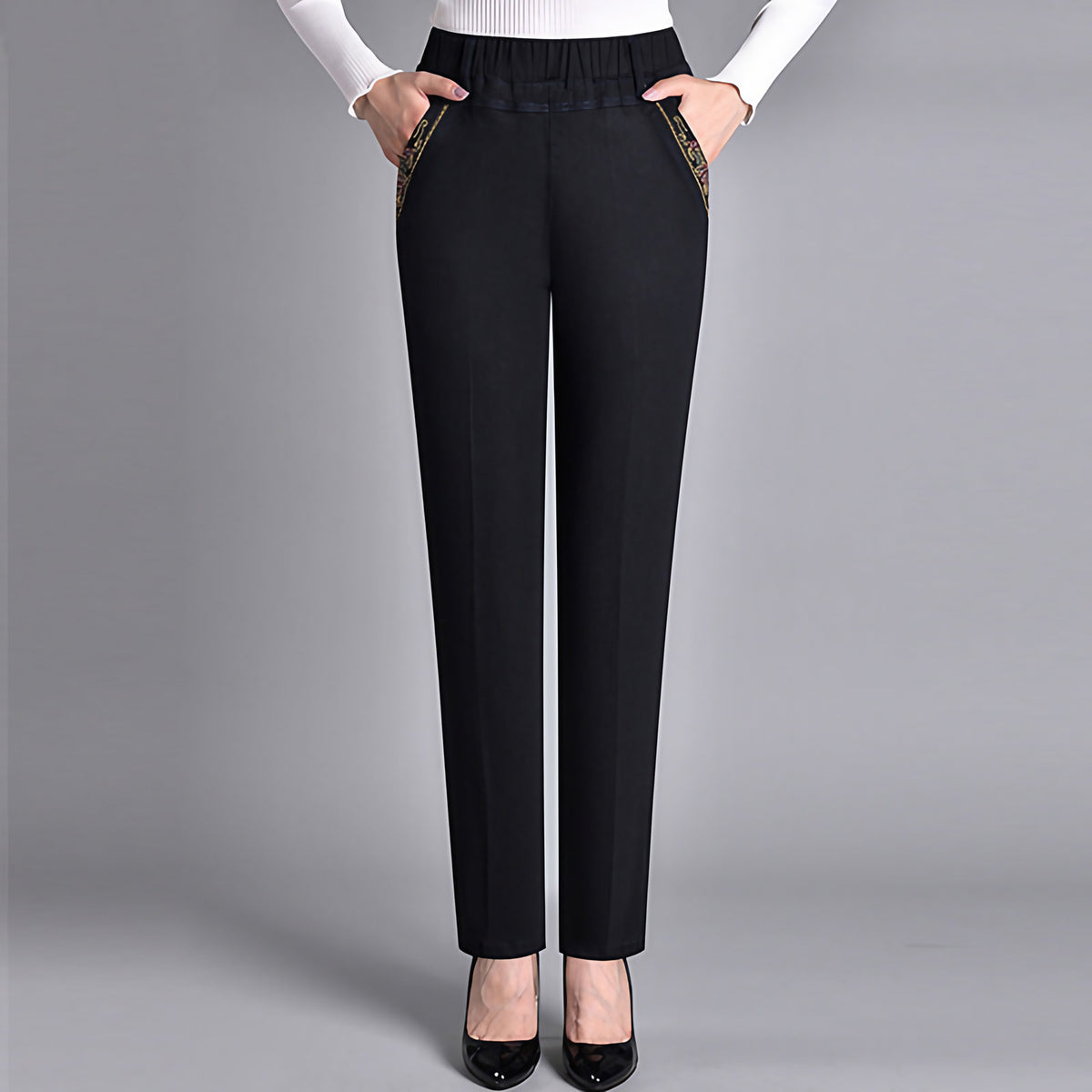 Jean droit femme à taille élastique, du M au 5XL, noir