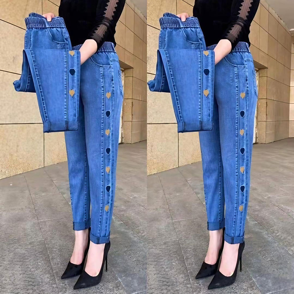 Jean slim femme taille haute élastique, cœur brodé, du M au 4XL