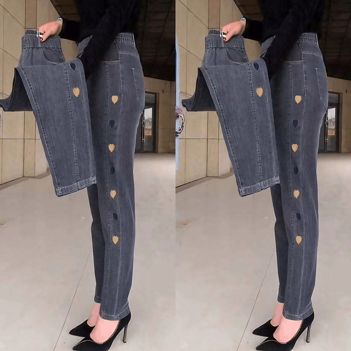 Jean slim femme taille haute élastique, cœur brodé, du M au 4XL, gris