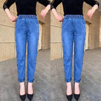 Jean slim femme taille haute élastique, cœur brodé, du M au 4XL
