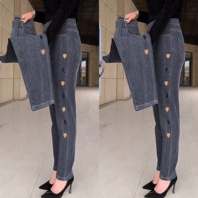 Jean slim femme taille haute élastique, cœur brodé, du M au 4XL