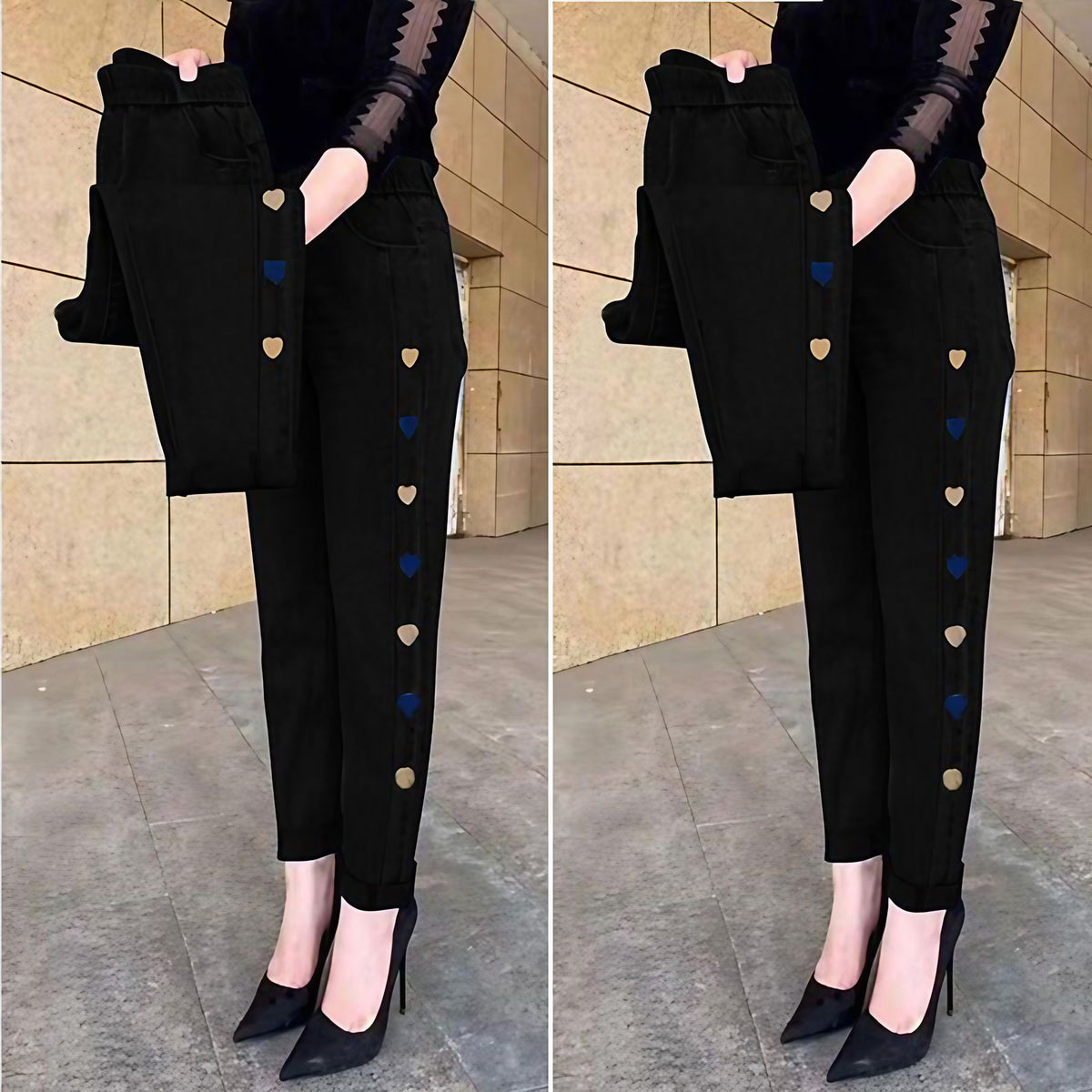 Jean slim femme taille haute élastique, cœur brodé, du M au 4XL, noir