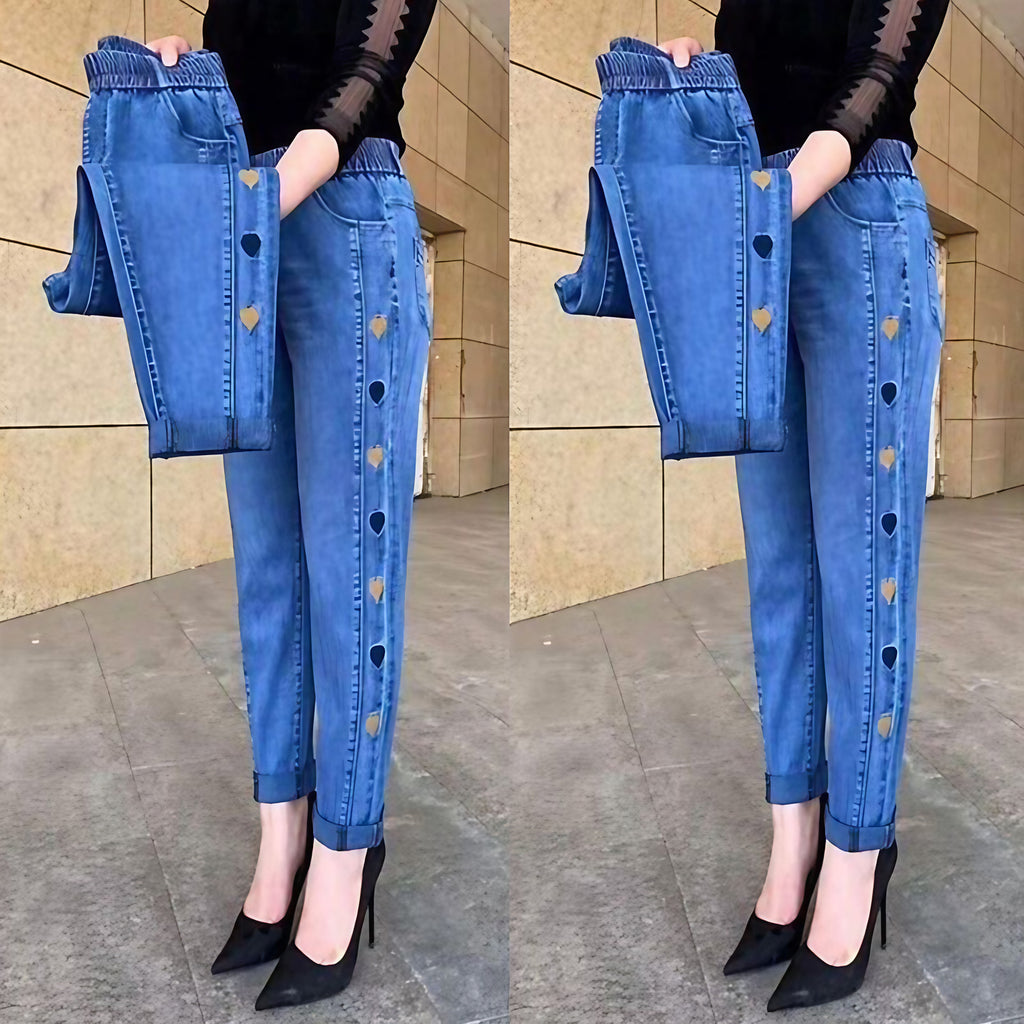 Jean slim femme taille haute élastique, cœur brodé, du M au 4XL, bleu