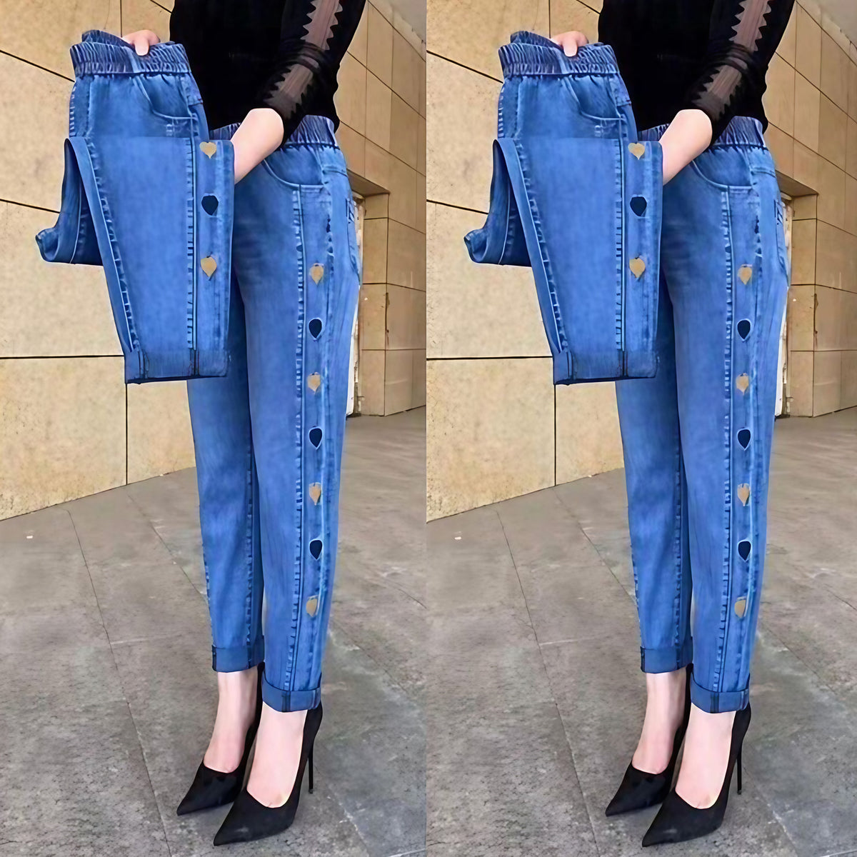 Jean slim femme taille haute élastique, cœur brodé, du M au 4XL, bleu