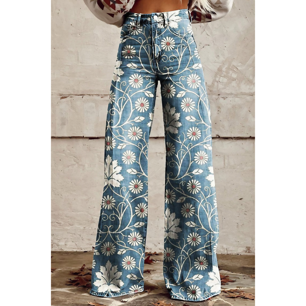 Jean femme à motif fleuri, bleu, du S au 3XL, bleu
