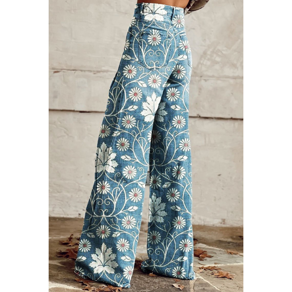 Jean femme à motif fleuri, bleu, du S au 3XL