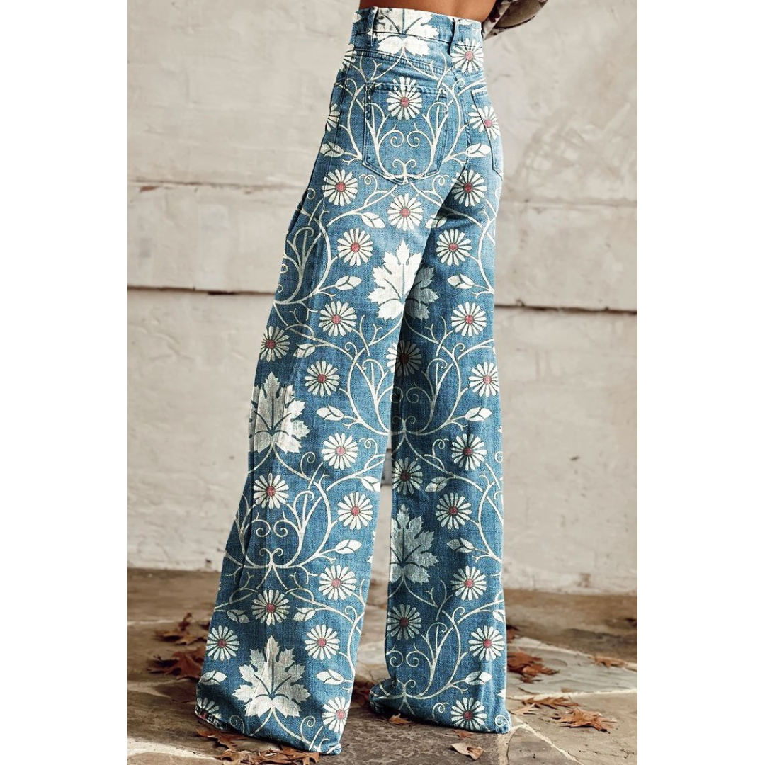 Jean femme à motif fleuri, bleu, du S au 3XL