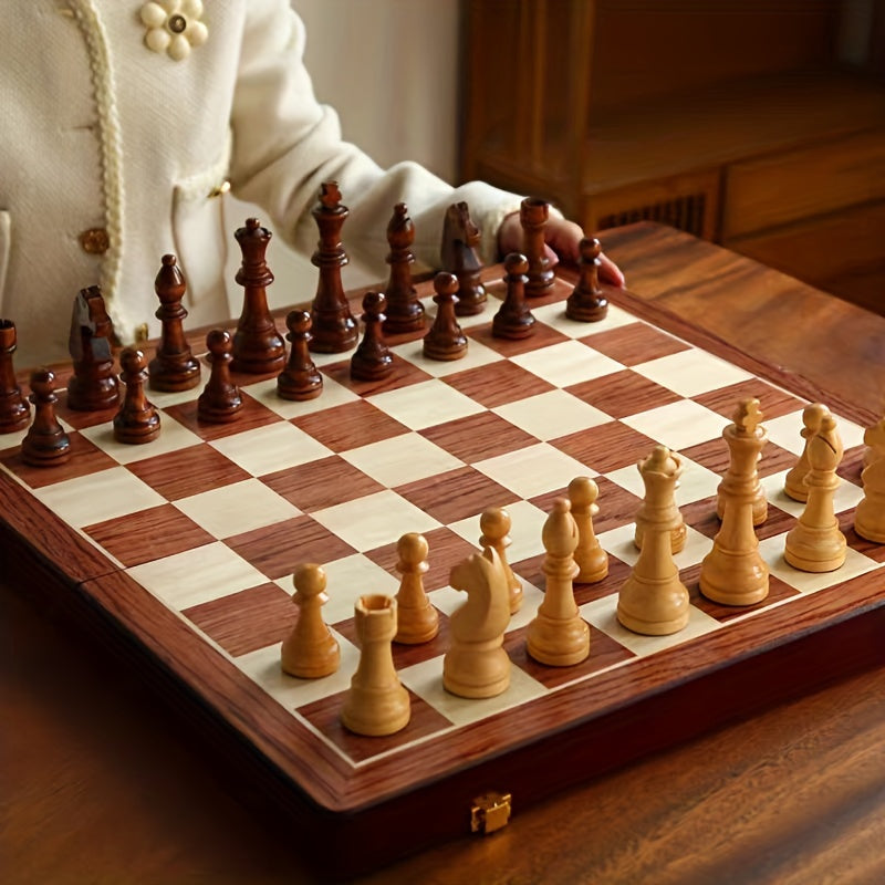 Jeu d'échecs en bois massif avec deux dames supplémentaires
