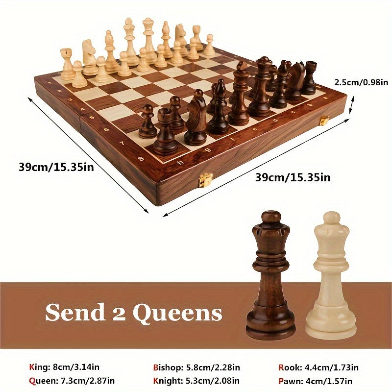 Jeu d'échecs en bois massif, pièces détaillées