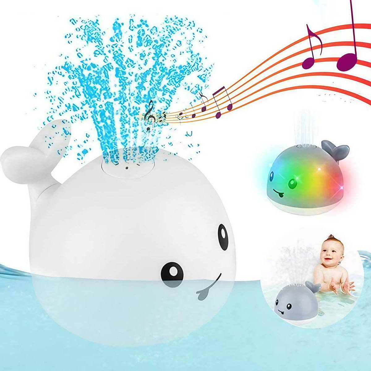 Jouet de bain baleine à jet d'eau et lumières LED, blanc