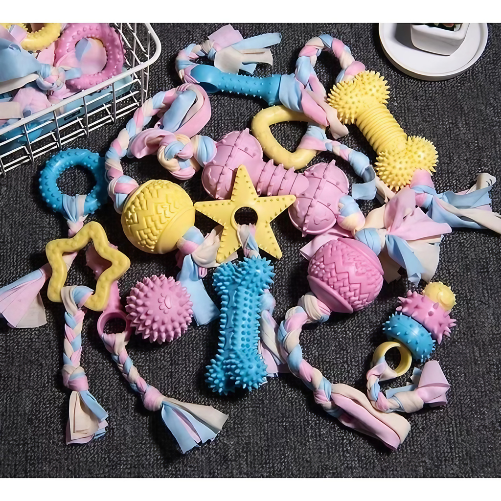 Lot de jouets à mâcher pour chiot, peluches, cordes et anneaux, bleu