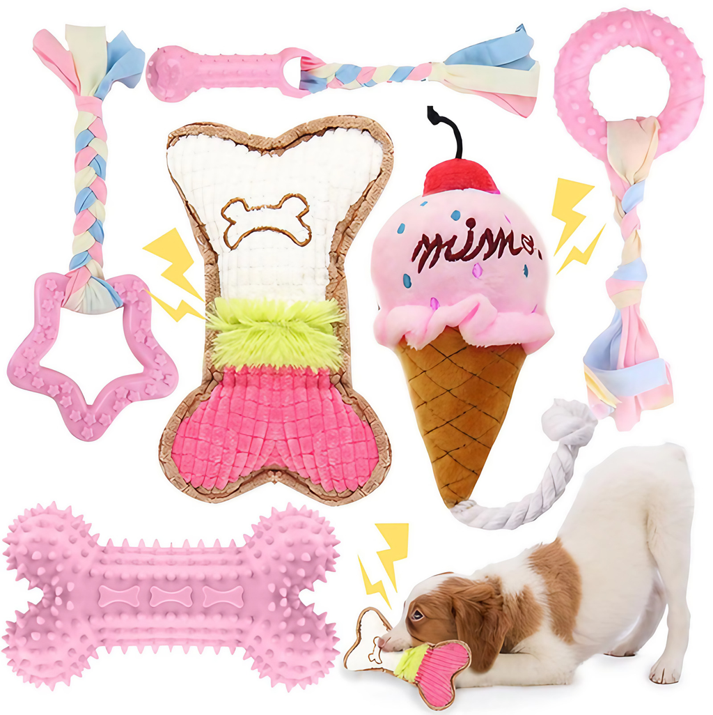 Lot de jouets à mâcher pour chiot, peluches, cordes et anneaux, rose