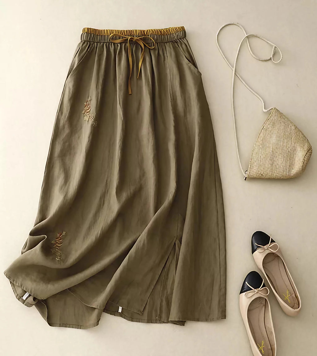 Jupe mi-longue femme trapèze taille haute, broderies et poches, kaki