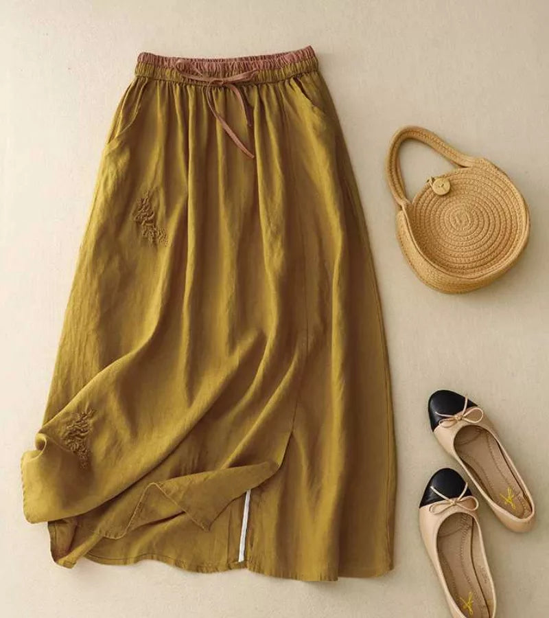 Jupe mi-longue femme trapèze taille haute, broderies et poches, jaune