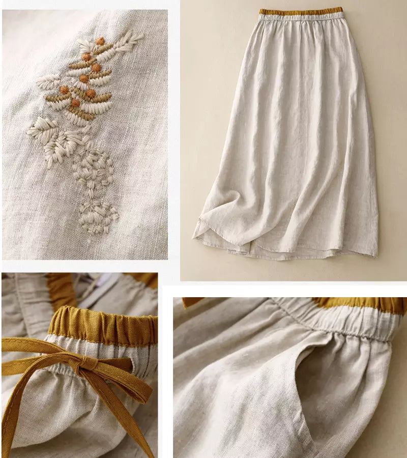 Jupe mi-longue femme trapèze taille haute, broderies et poches