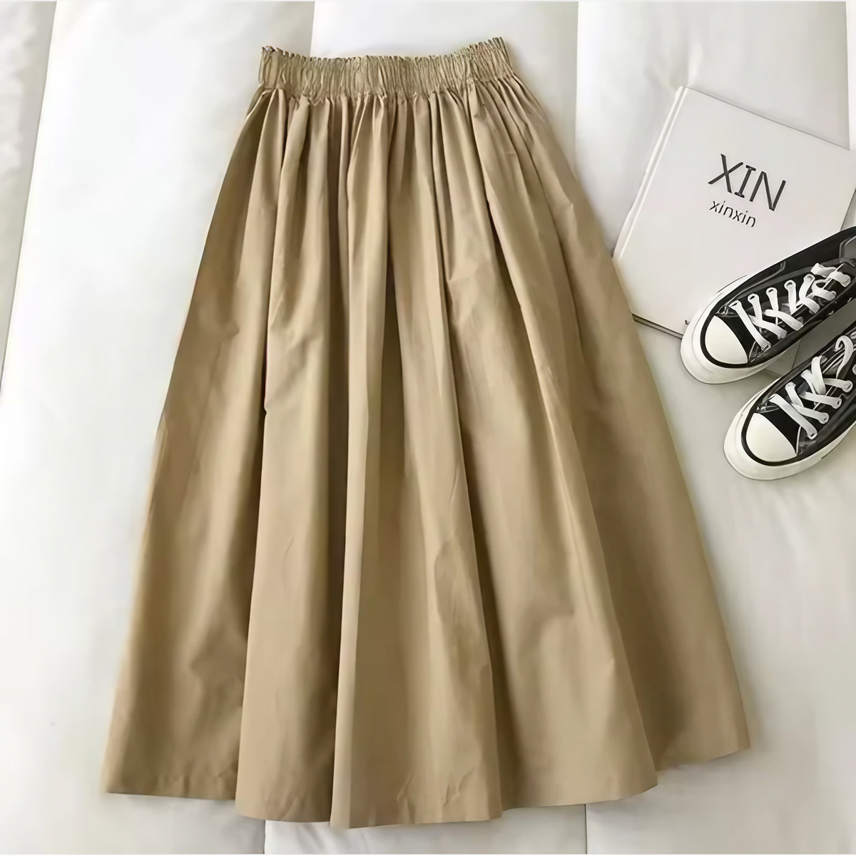 Jupe ample femme taille haute, beige, noir ou bleu marine, beige