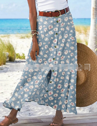 Jupe longue femme à imprimé floral bleu, du S au XL