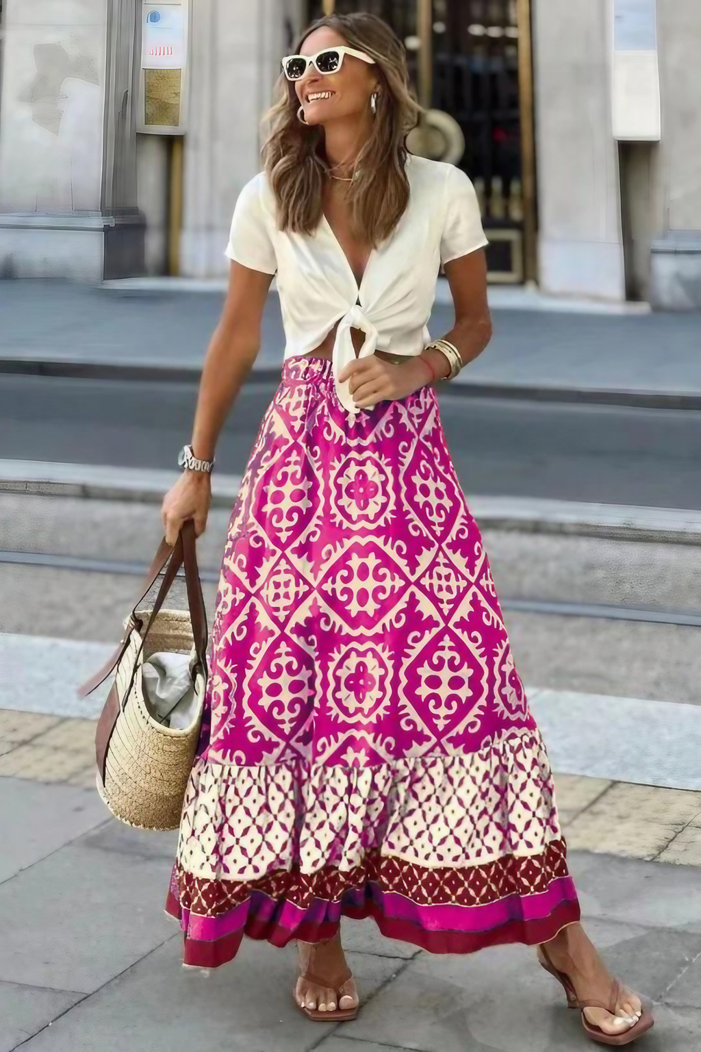 Jupe longue d'été femme à broderie et dentelle, quatre coloris, rose
