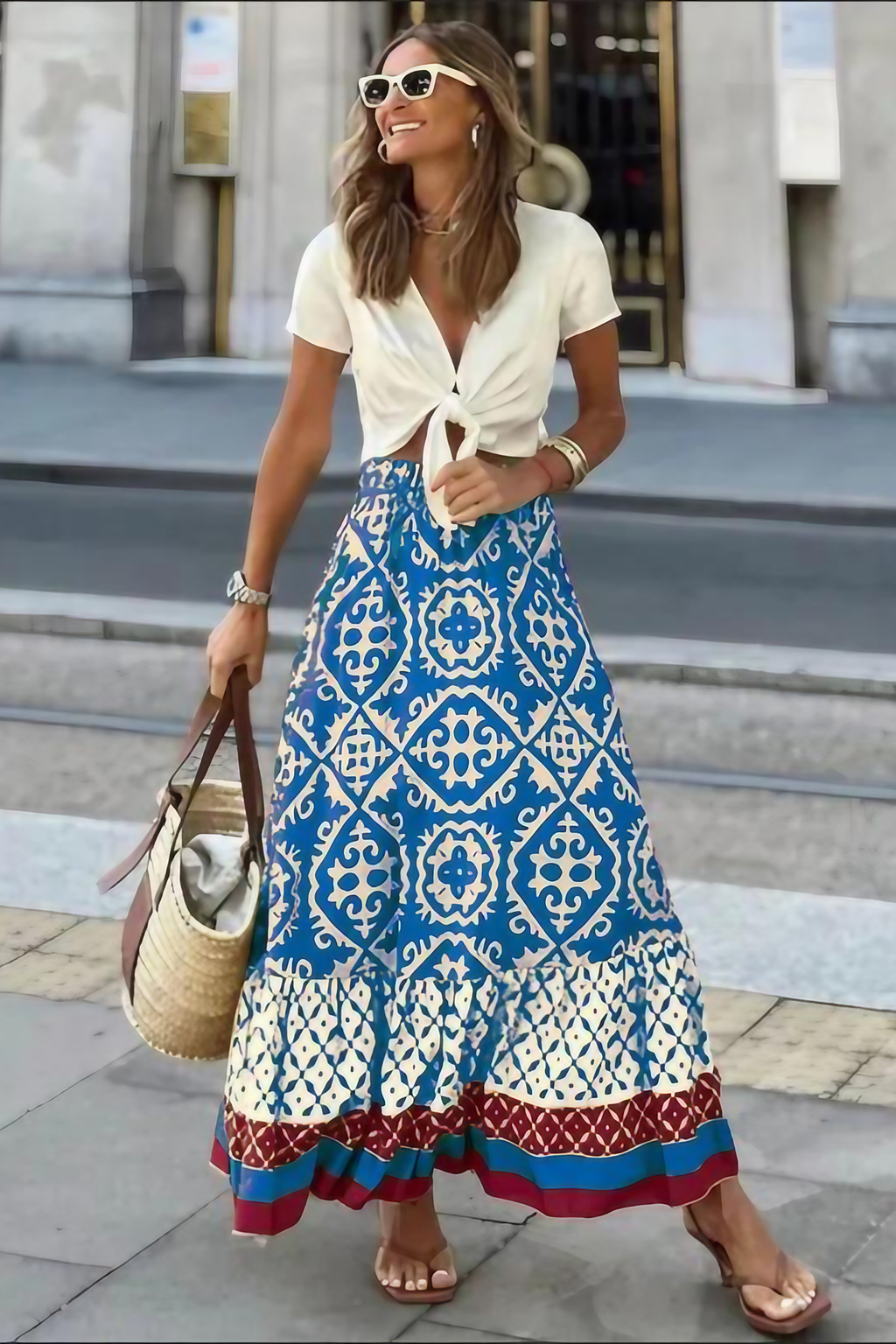 Jupe longue d'été femme à broderie et dentelle, quatre coloris, bleu