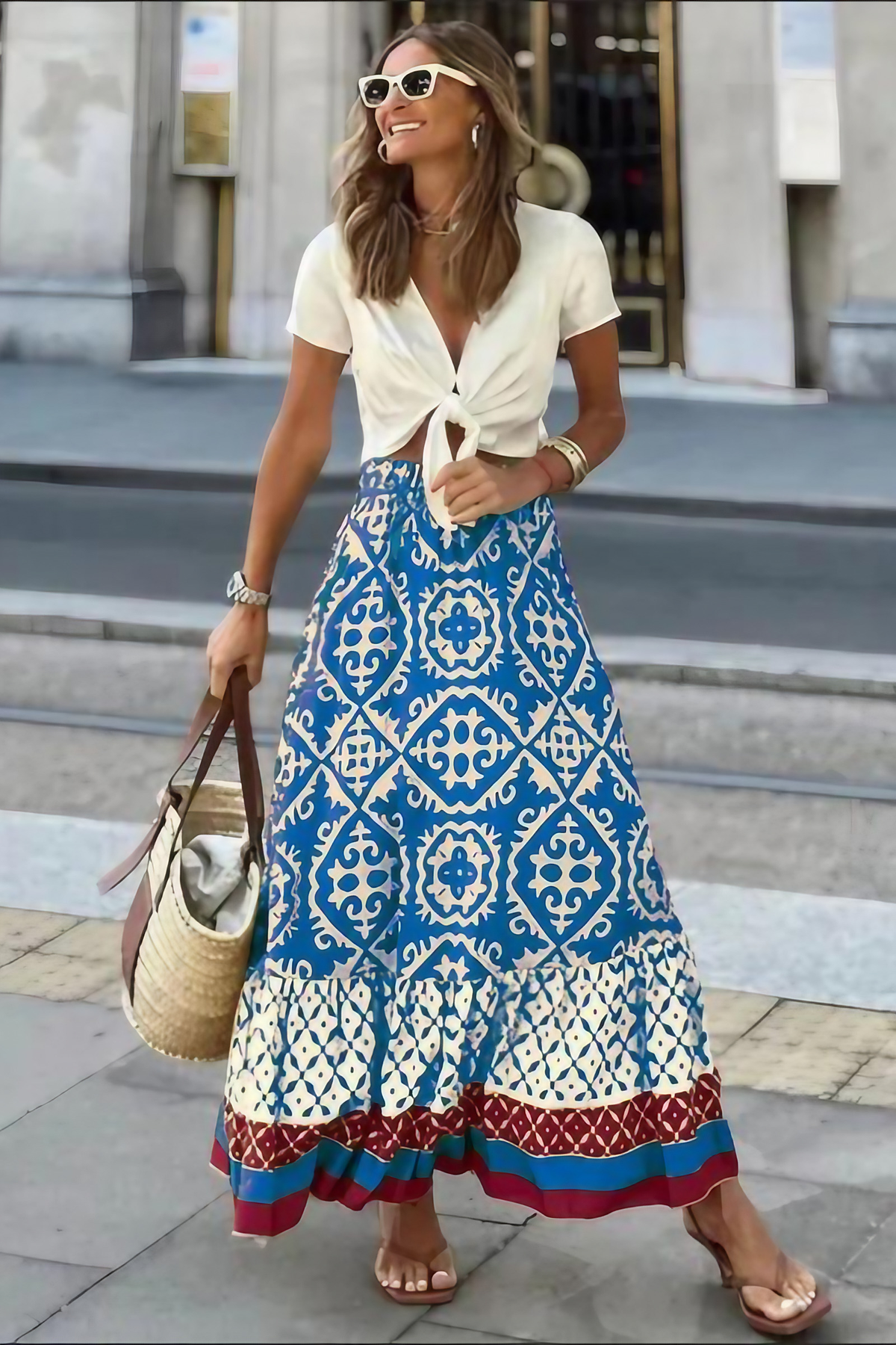 Jupe longue d'été femme à broderie et dentelle, quatre coloris, bleu