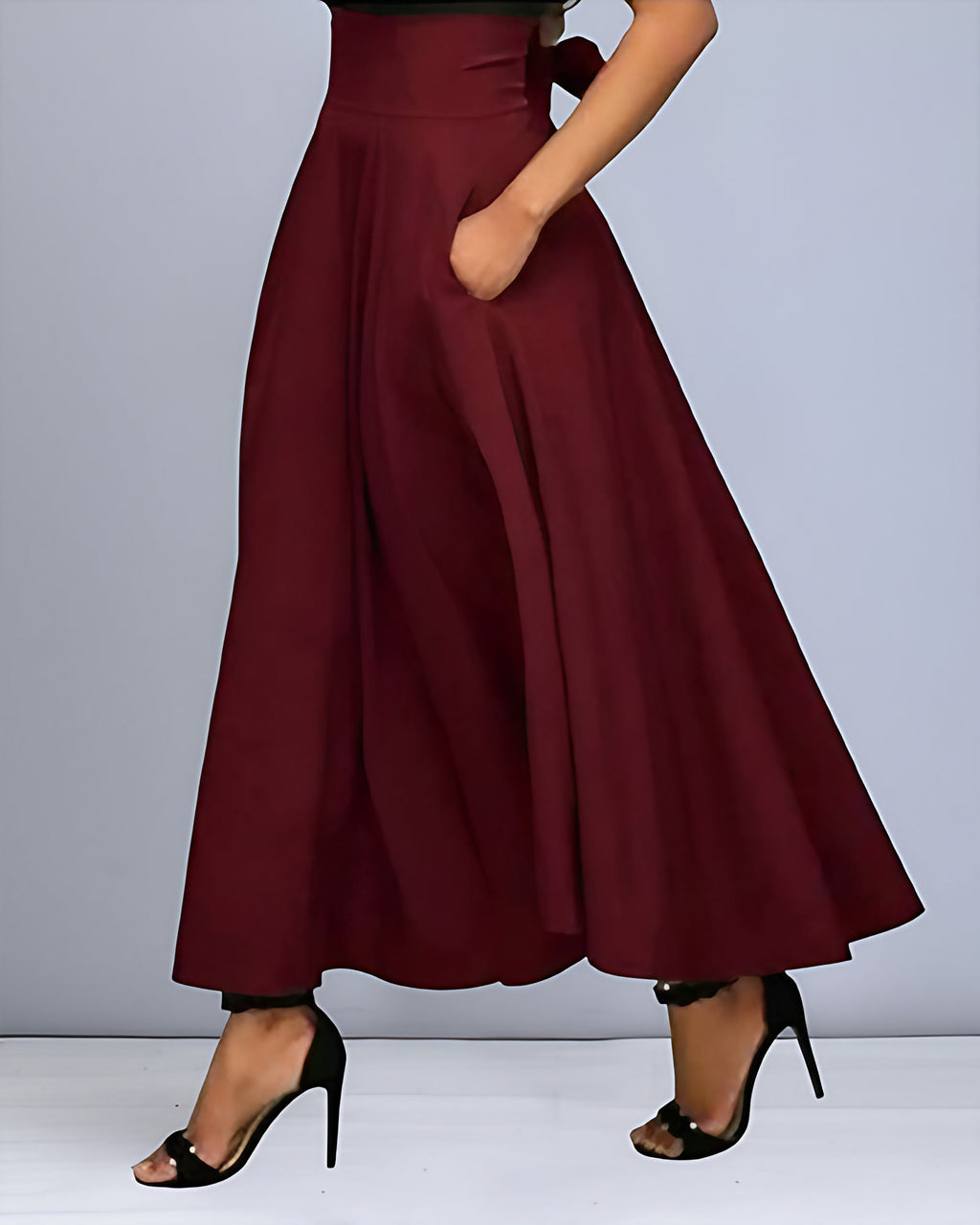 Jupe longue femme à ceinture élastique, noire, grise ou rouge, rouge