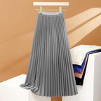 Jupe longue plissée femme taille haute extensible, quatre coloris, gris