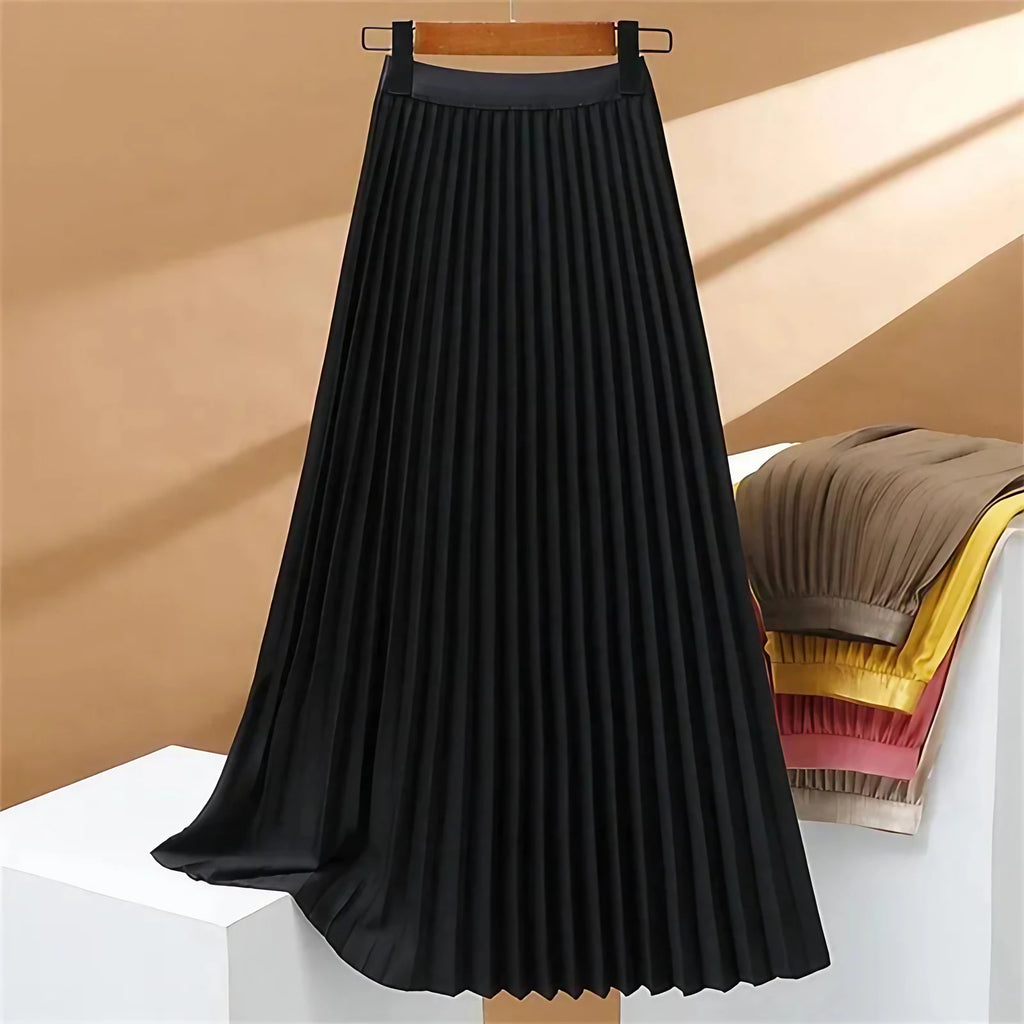Jupe longue plissée femme taille haute extensible, quatre coloris, noir
