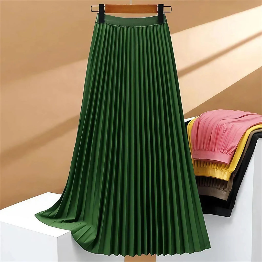Jupe longue plissée femme taille haute extensible, quatre coloris, vert