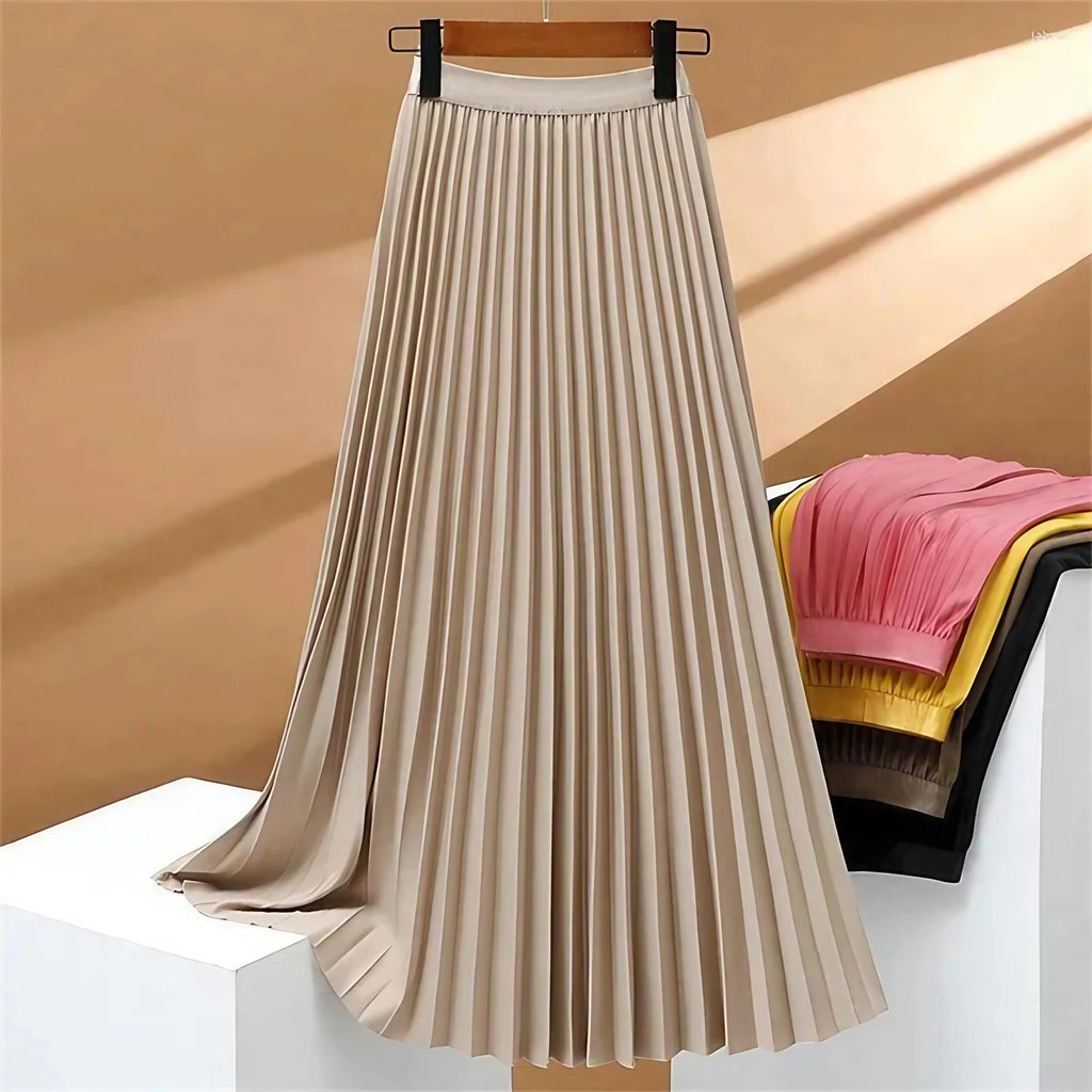 Jupe longue plissée femme taille haute extensible, quatre coloris, kaki