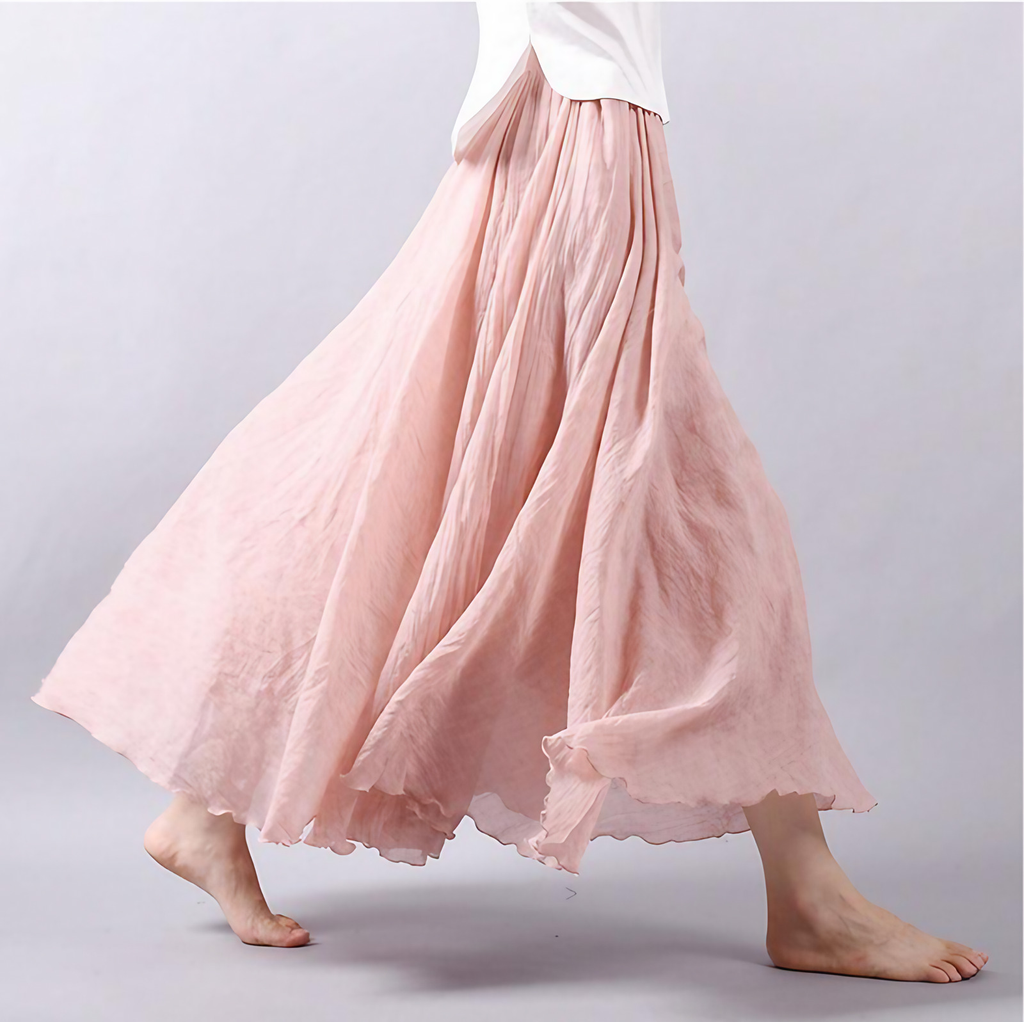Jupe longue plissée femme, coupe ample, cinq coloris, rose