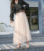 Jupe longue femme taille haute, longueur cheville, cinq coloris, blanc