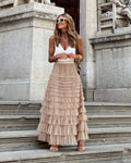 Jupe longue plissée femme, taille élastique, coupe évasée, beige