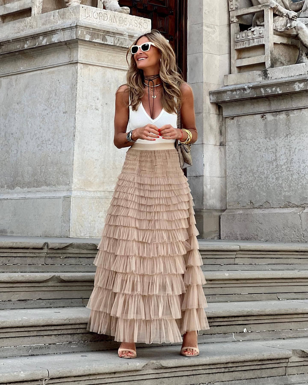 Jupe longue plissée femme, taille élastique, coupe évasée, beige